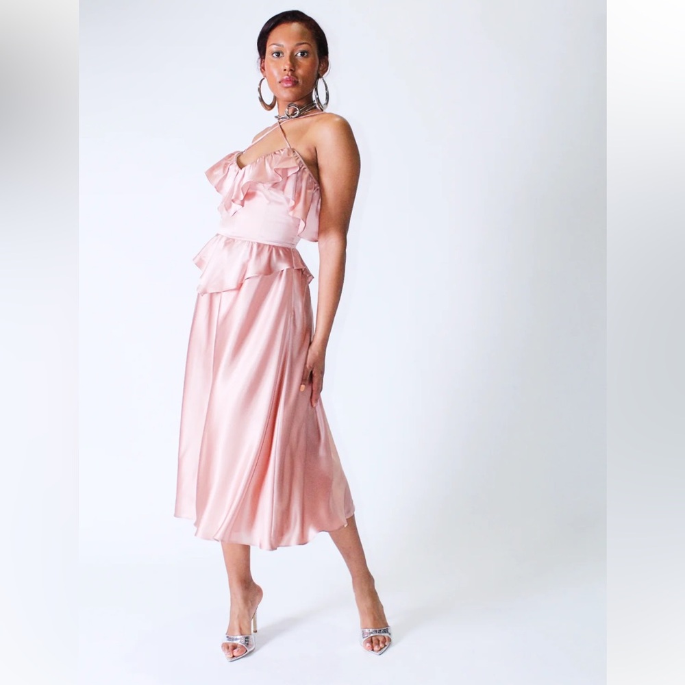 NWT Undra Celeste blush pink off shoulder silk dress